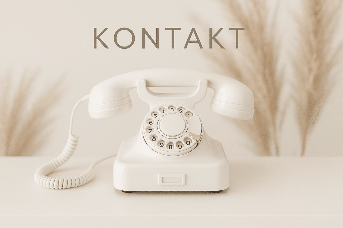 Weißes Wählscheibentelefon auf weißem Tisch & Pampasgras im Hintergrund